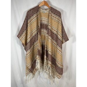 Nostalgia Southwestern Geometric Fringe Poncho Wrap Brown Tan One Size Shawl